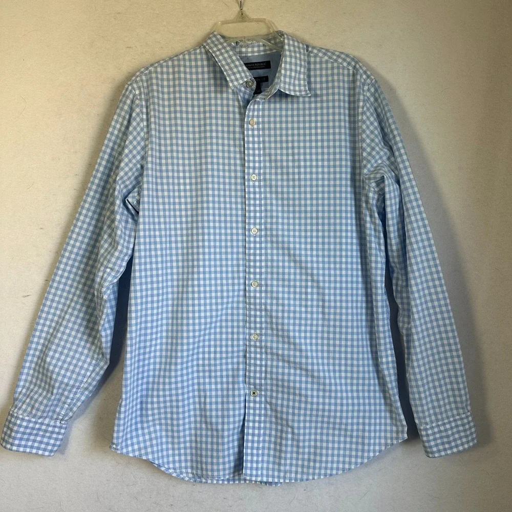 BANANA REPUBLIC Button up wash shirt Mens Large Tall sky Blue Gingham Camden fit